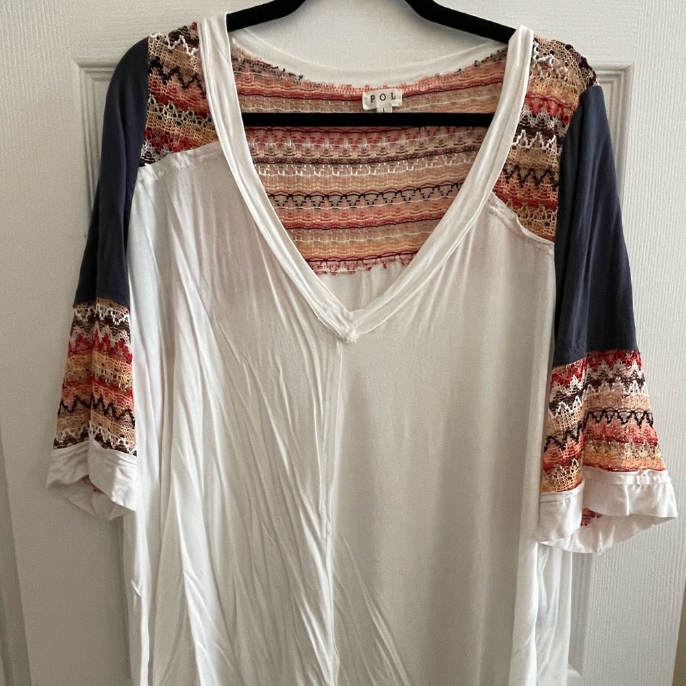 White, navy, and colorful embroidered loose tee - NWOT